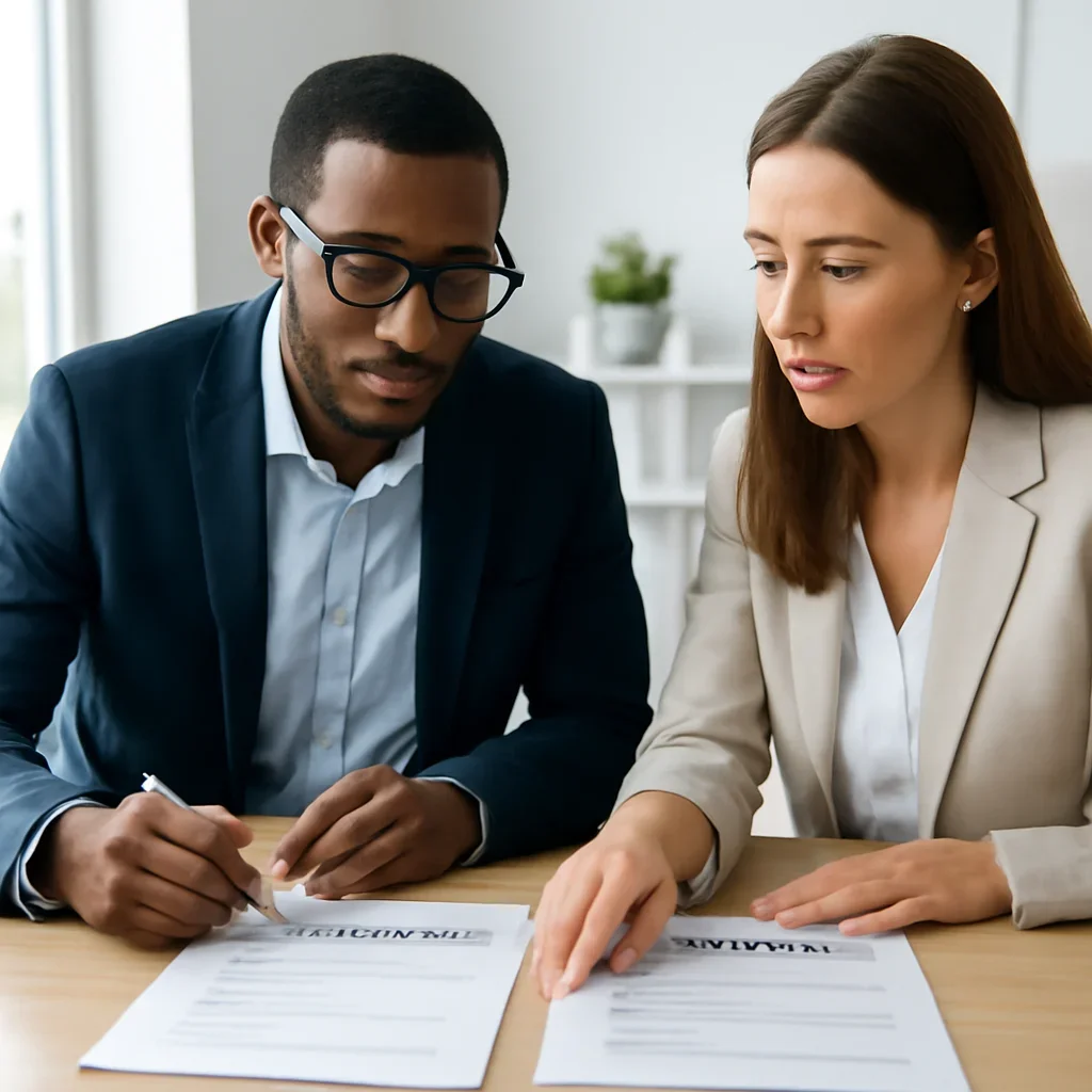 Broker helping a client compare business insurance choices