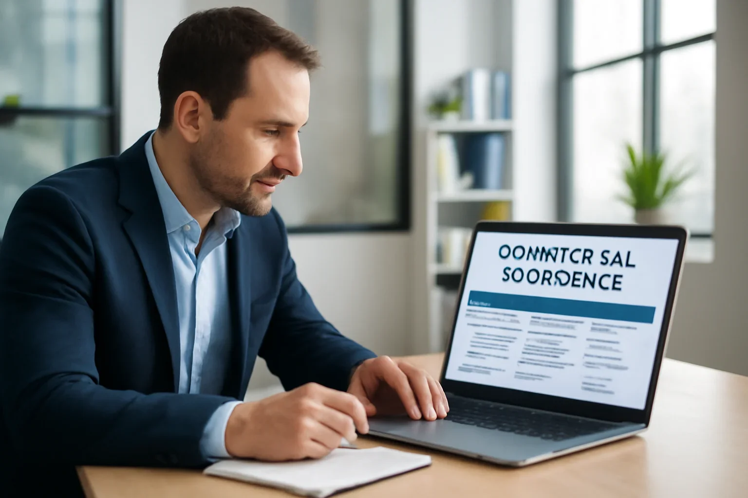 Business owner comparing commercial insurance options on a laptop