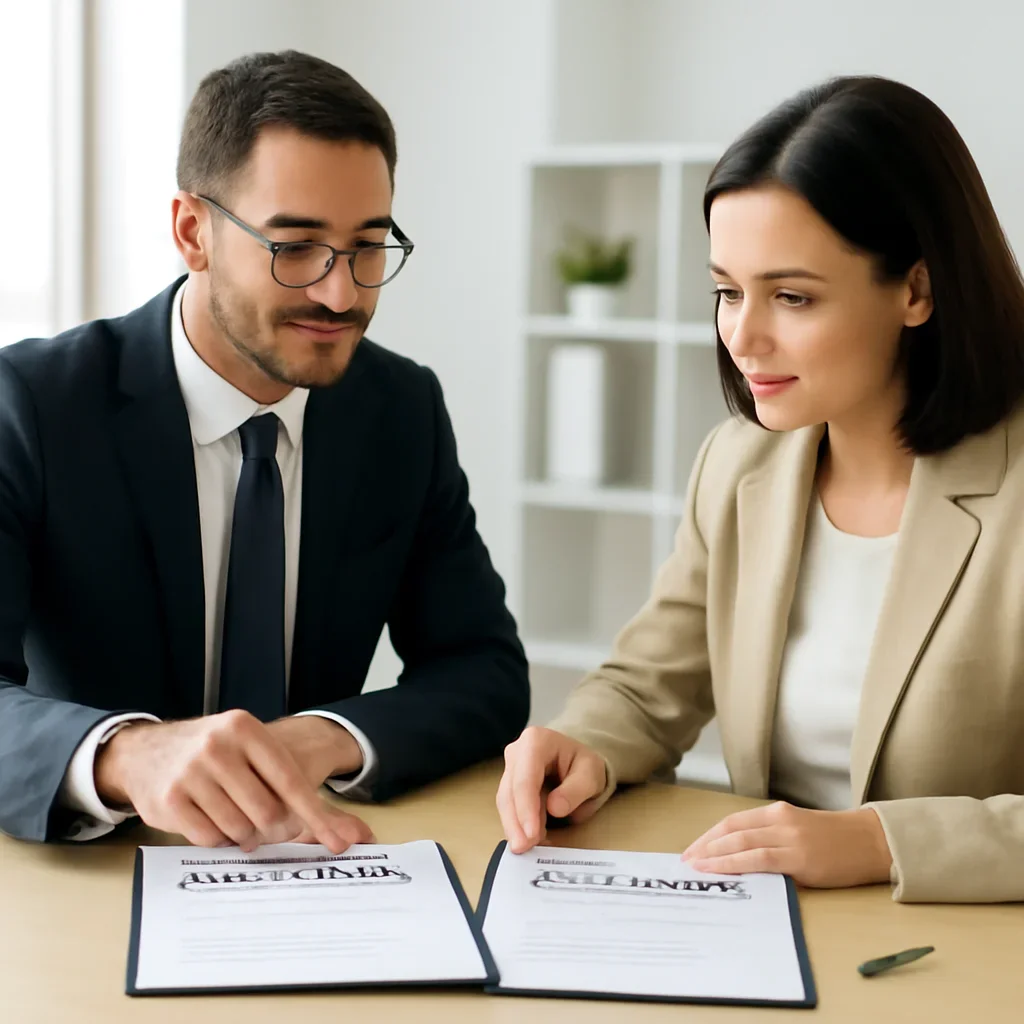 Broker helping a client compare business insurance choices