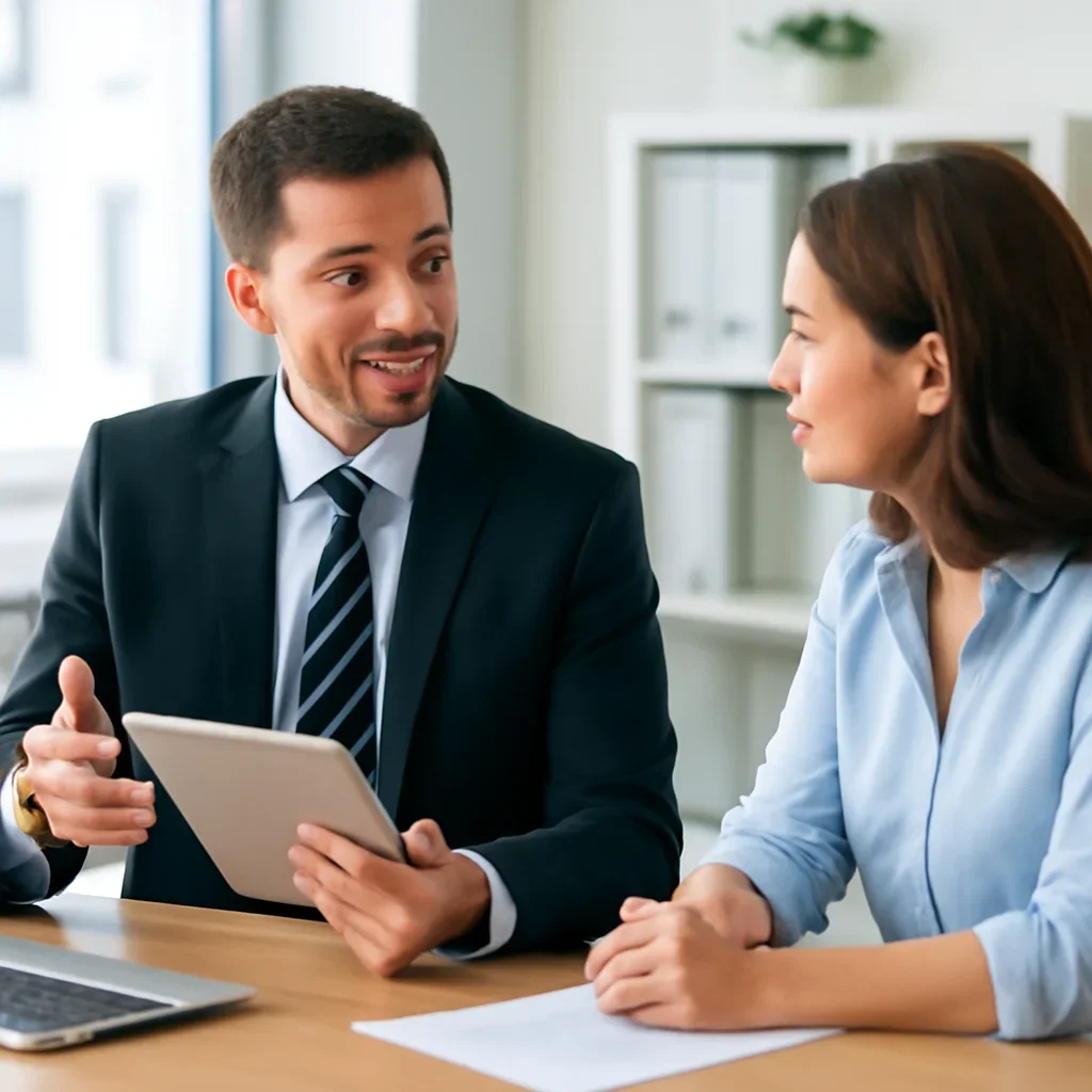 Broker discussing next steps after reading about business insurance cost benchmarks and pricing factors