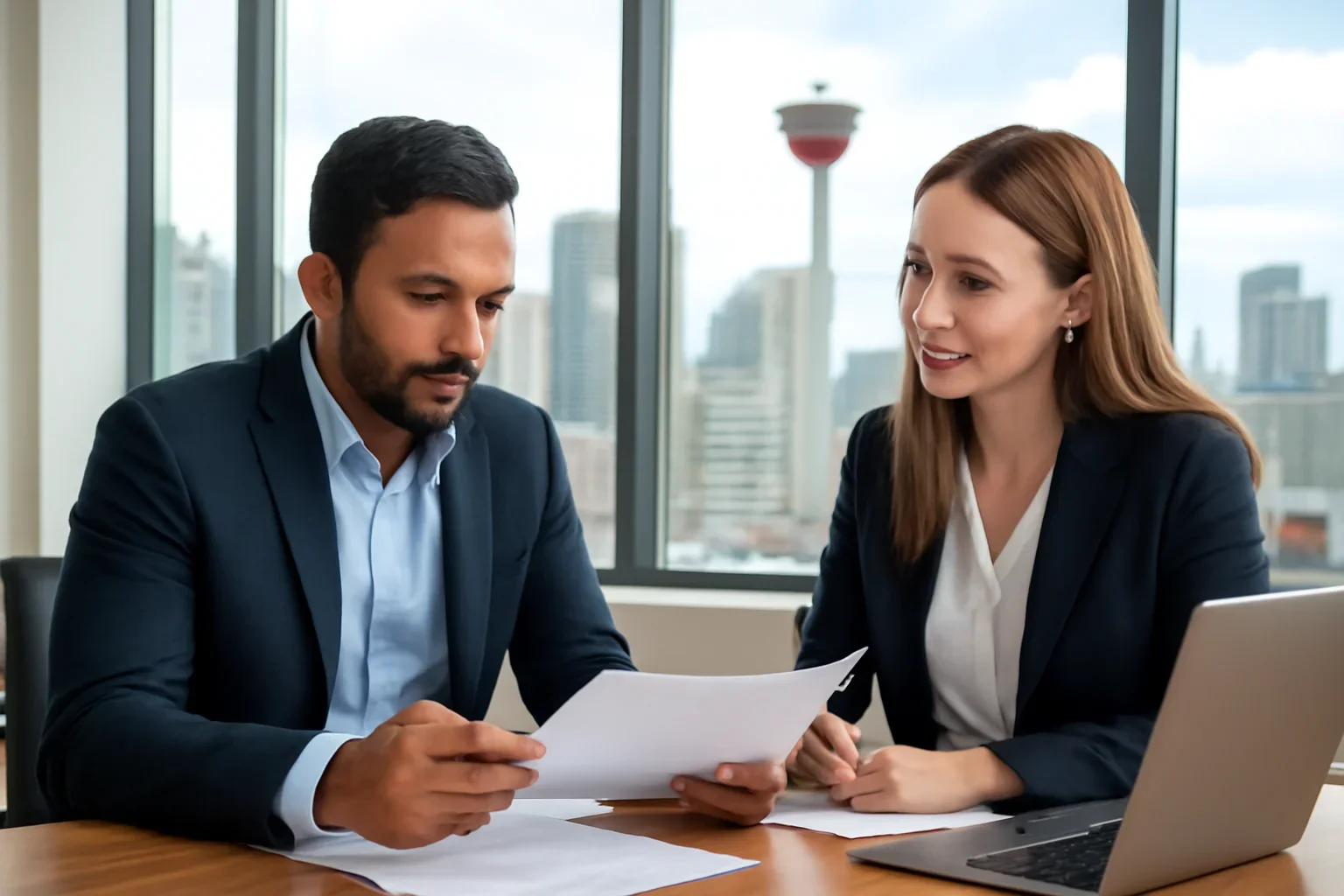 Business owner in Calgary reviewing commercial insurance options with a broker