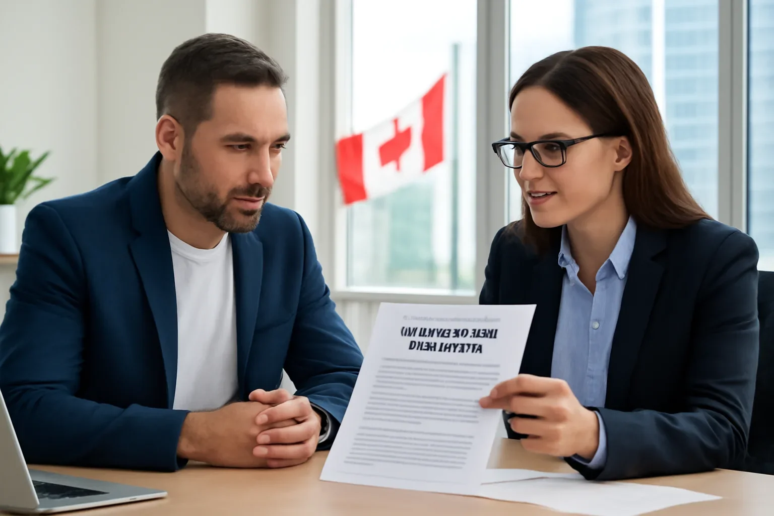 Business owner in Canada reviewing commercial insurance options with a broker