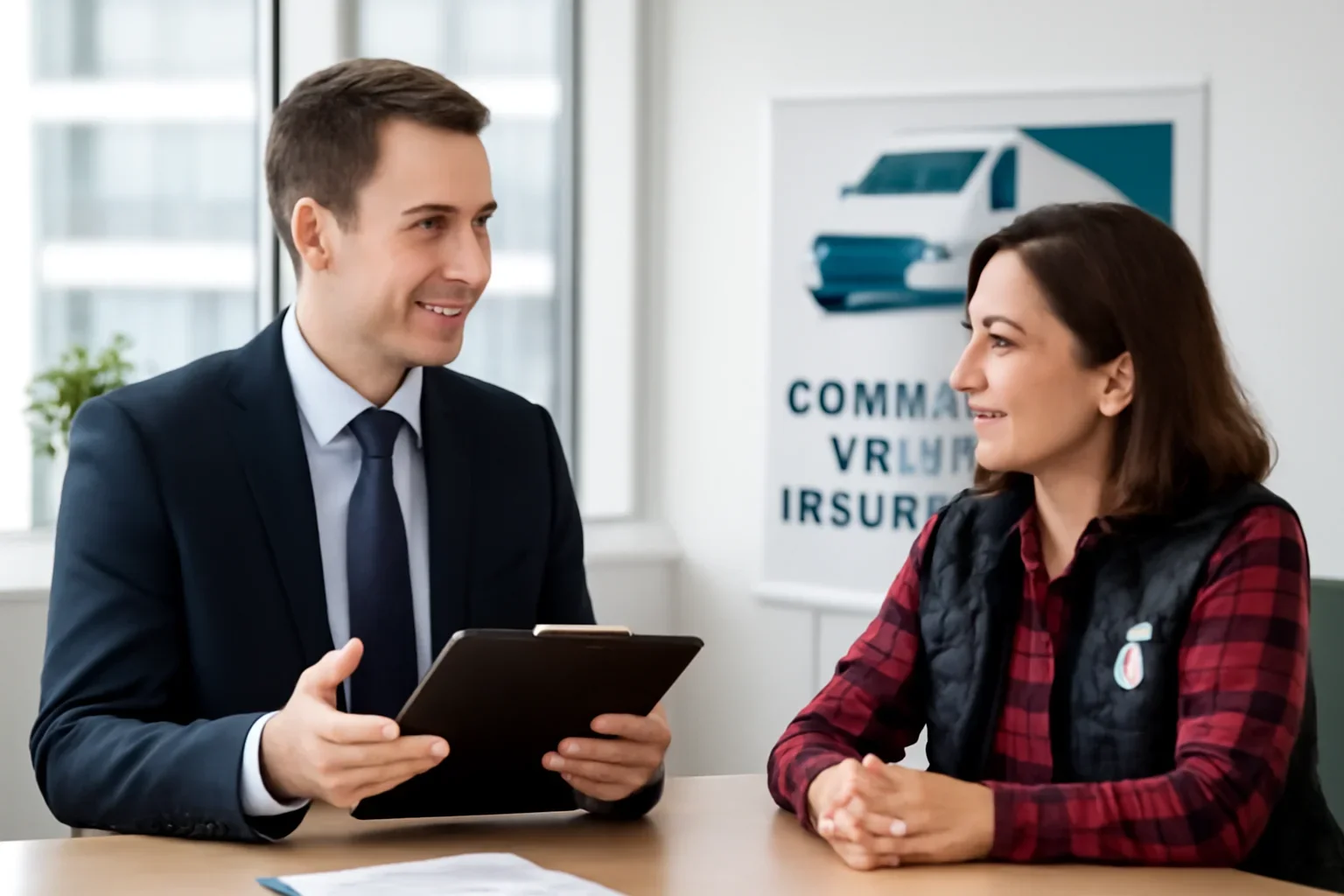 Broker discussing commercial fleet insurance with a Canadian business owner