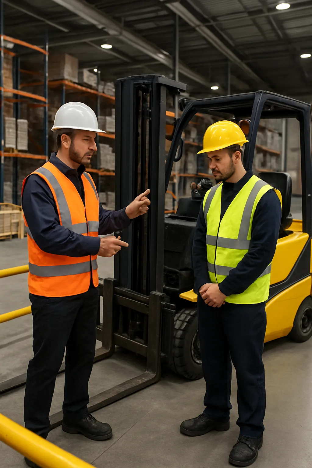 Industrial equipment operator receiving workplace safety instruction