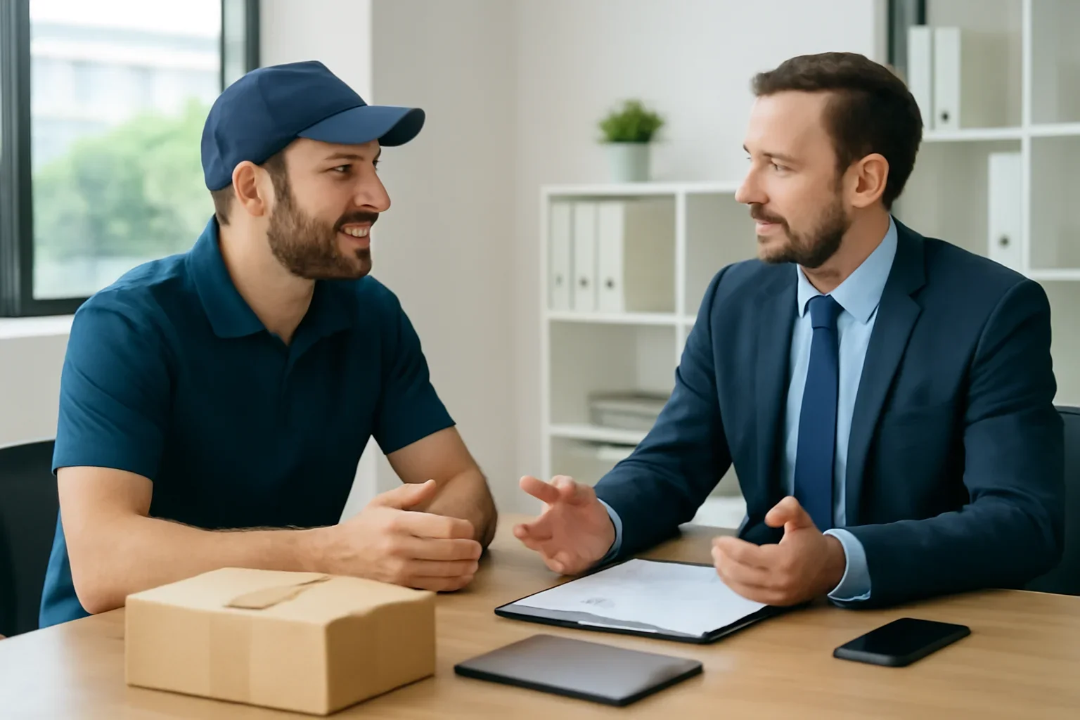 Delivery Driver Insurance owner discussing coverage needs with an insurance broker