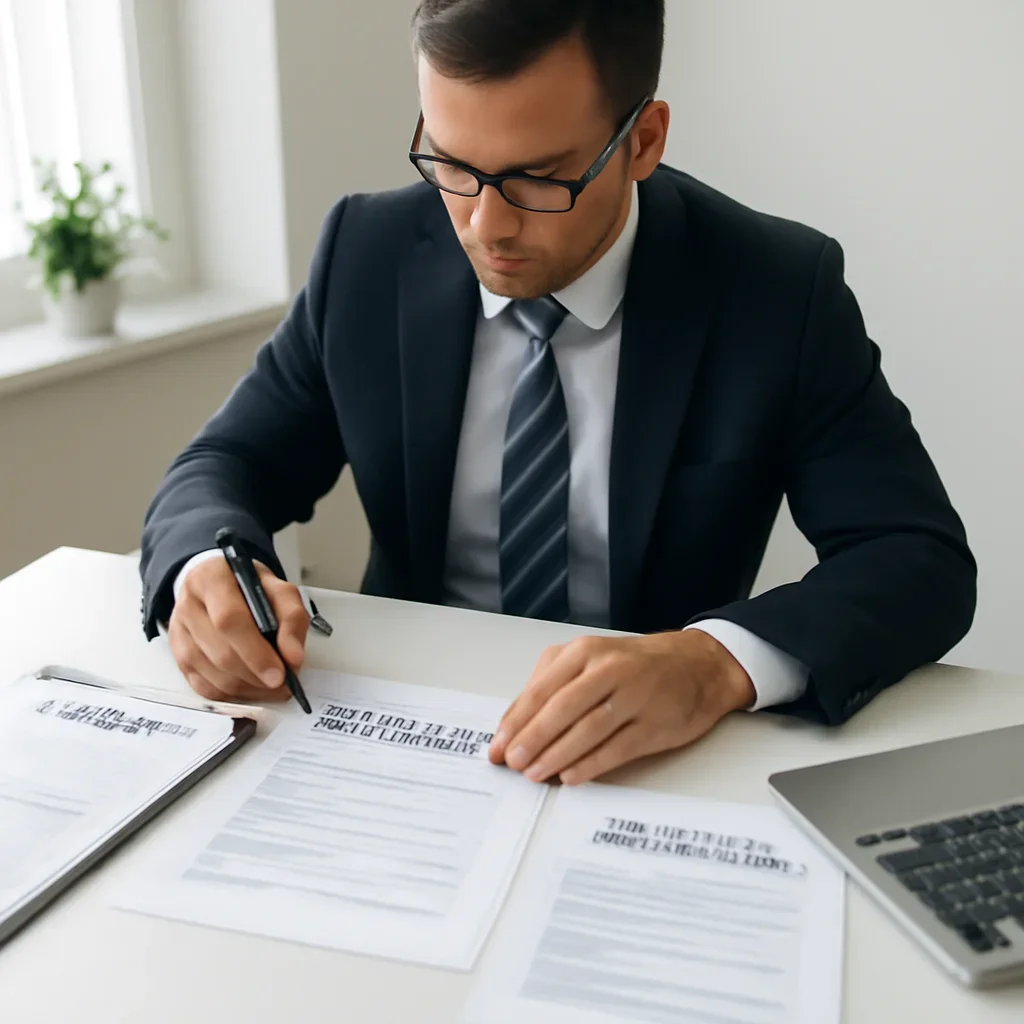 Insurance broker reviewing small business group health insurance details and coverage options