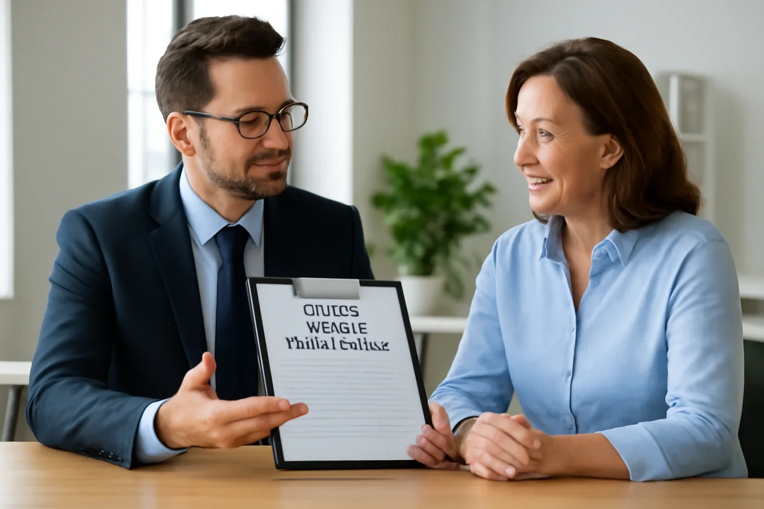 Broker discussing group health insurance for small businesses with a Canadian business owner