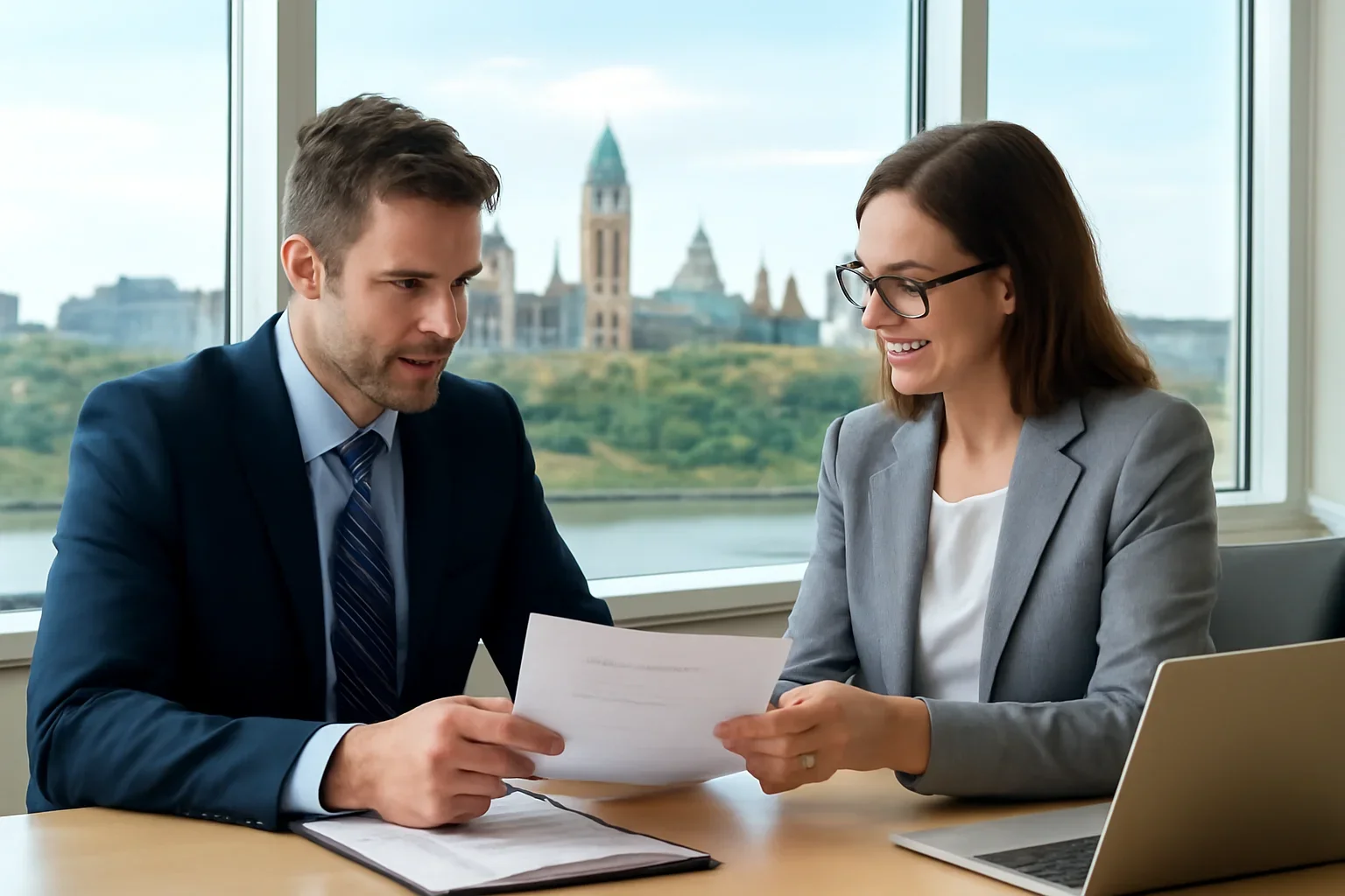 Business owner in Ottawa reviewing commercial insurance options with a broker