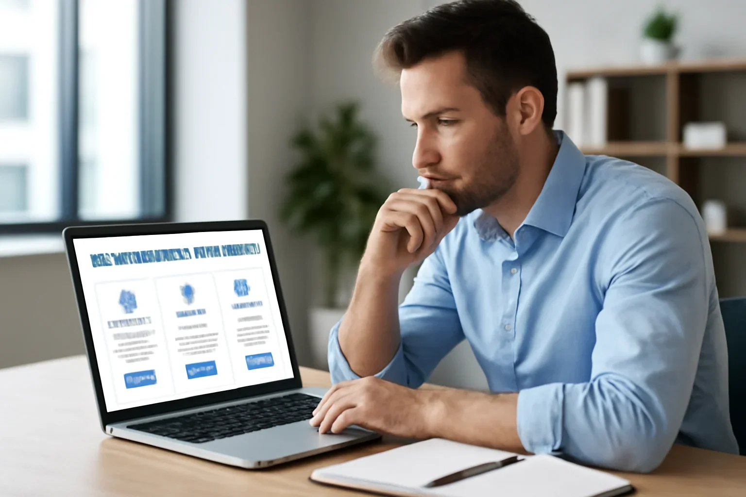 Business owner comparing commercial insurance options on a laptop
