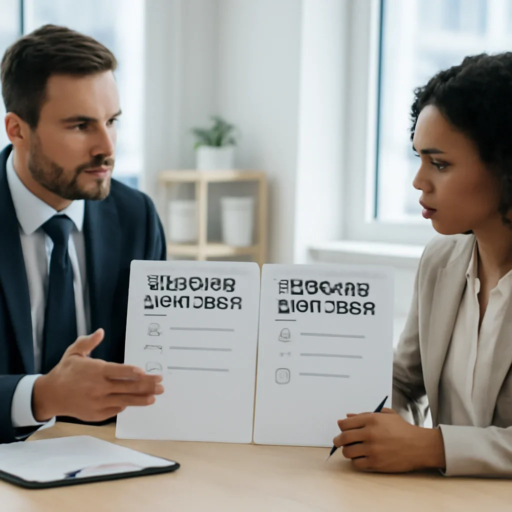 Broker helping a client compare business insurance choices