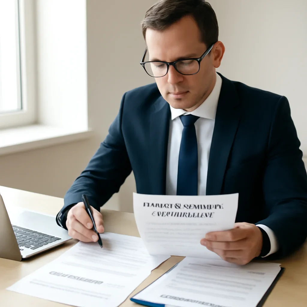 Insurance broker reviewing small business insurance details and coverage options