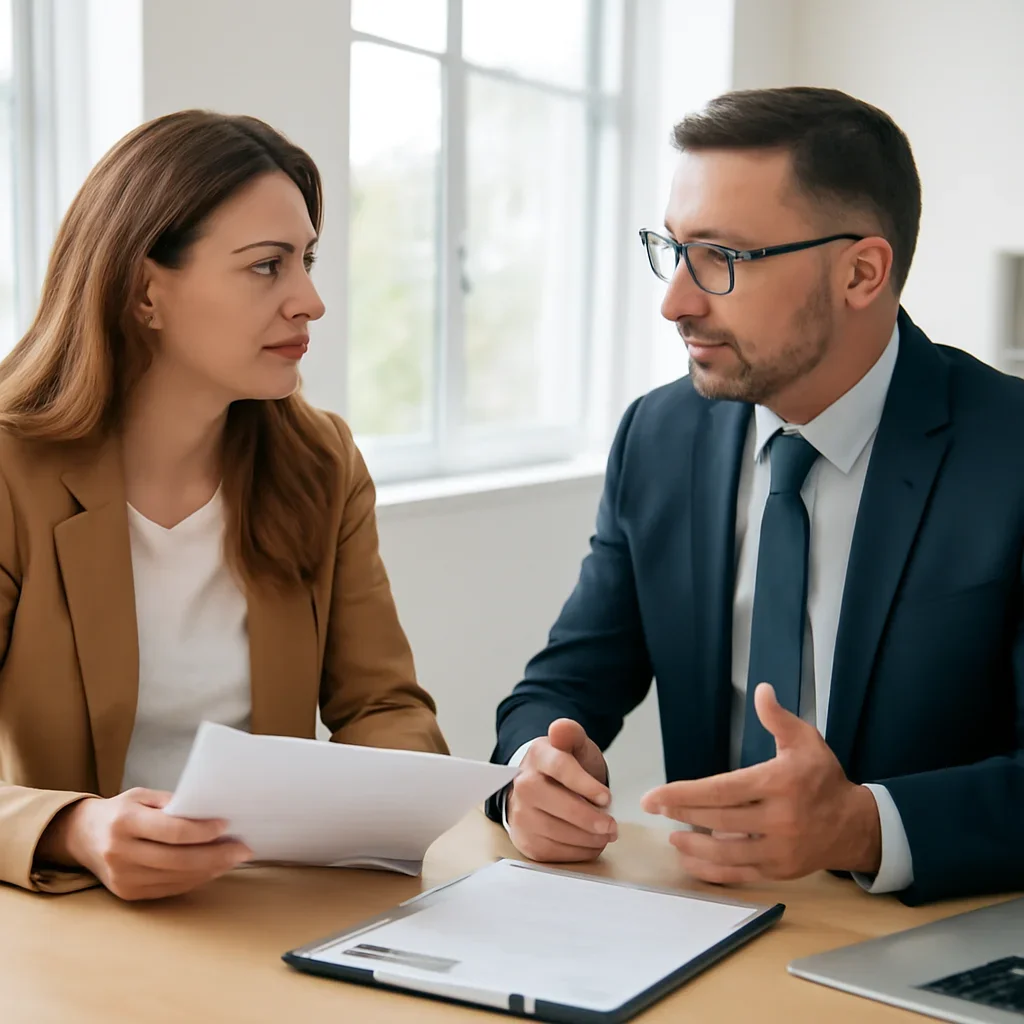 Broker discussing next steps after reading about startup risk planning