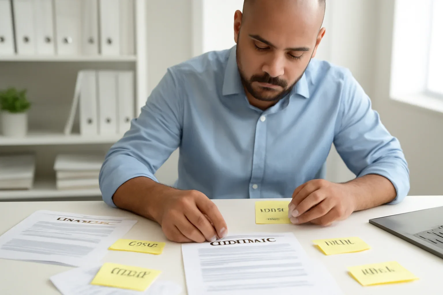Business owner organizing insurance documents and support notes