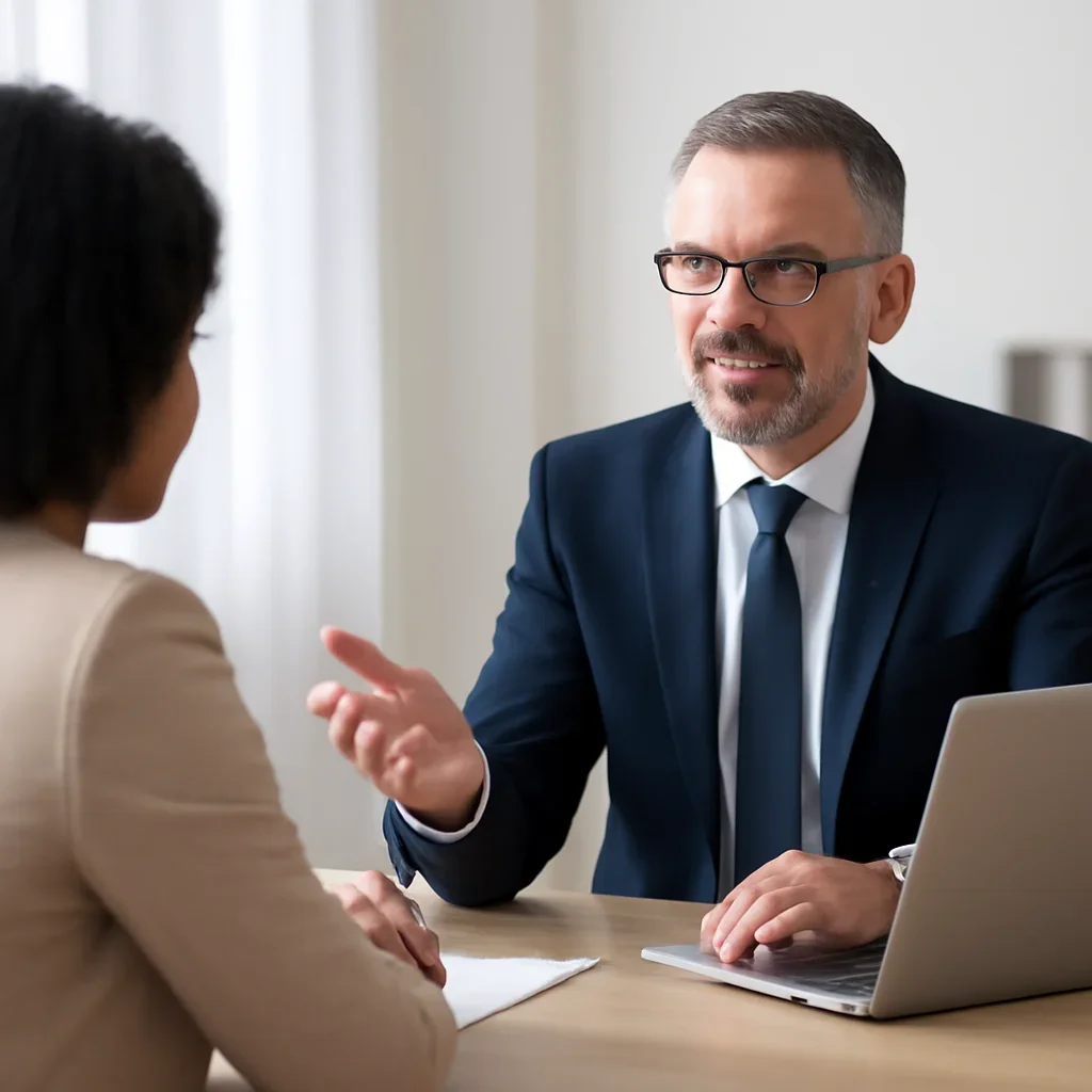 Broker answering questions about types of business insurance for a client