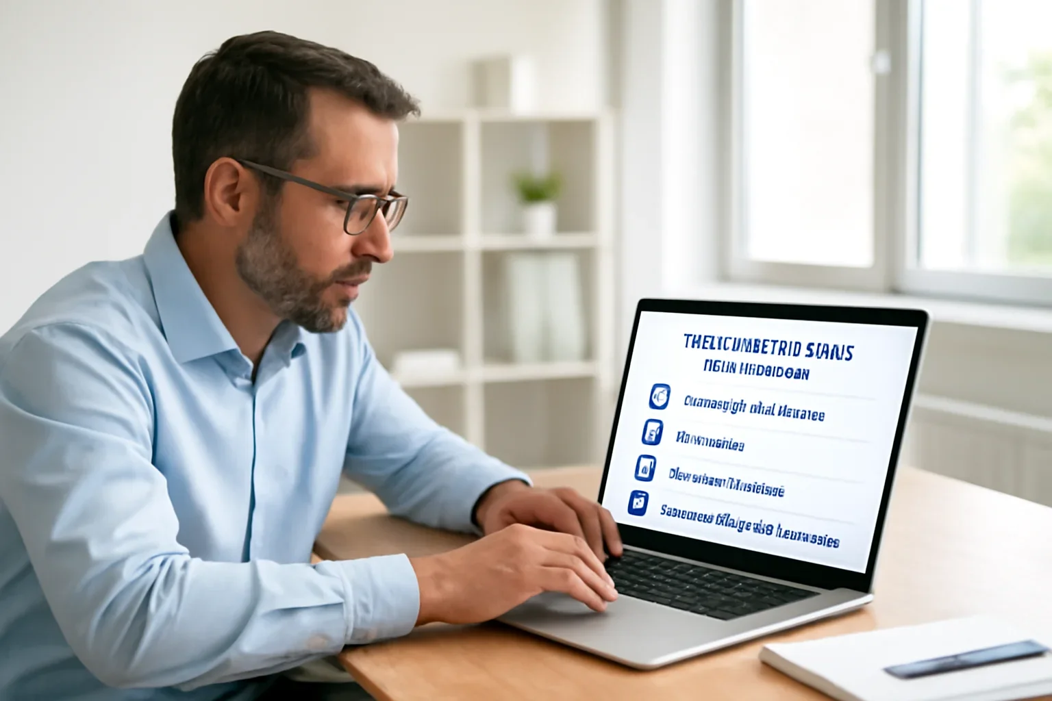Business owner reviewing information about types of business insurance